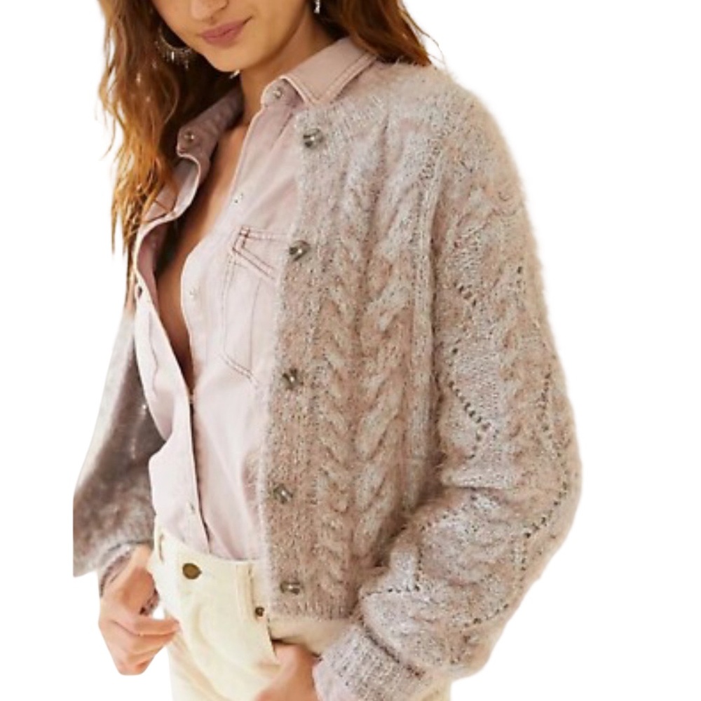 Free People GRETA Ultra Soft Cable Knit Ivory/Mauve Fuzzy Cable Knit Cardigan